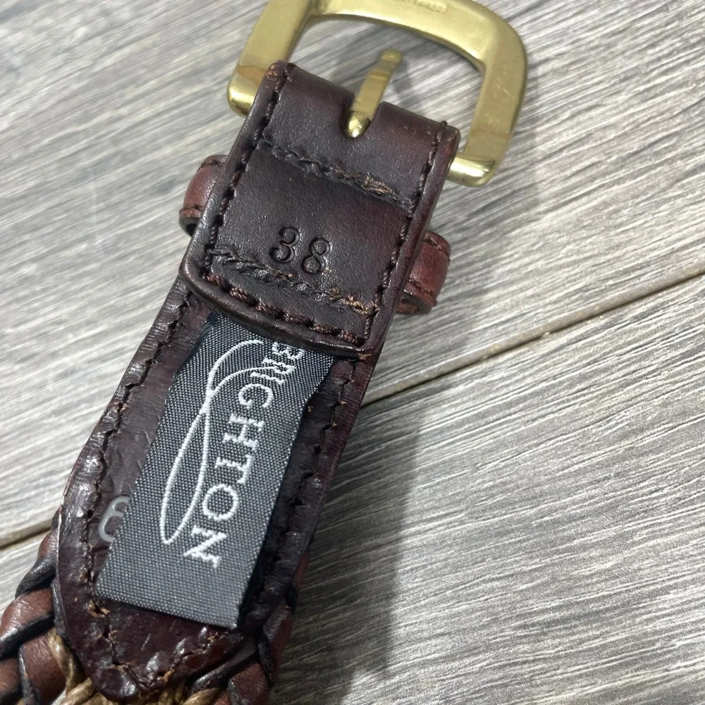Brighton Belt Mens 38 Brown Woven Leather Brass Buckle Designer Classic Wedding